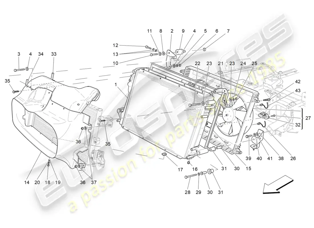 maserati granturismo s (2019) enfriamiento: diagrama de piezas de conductos y radiadores de aire