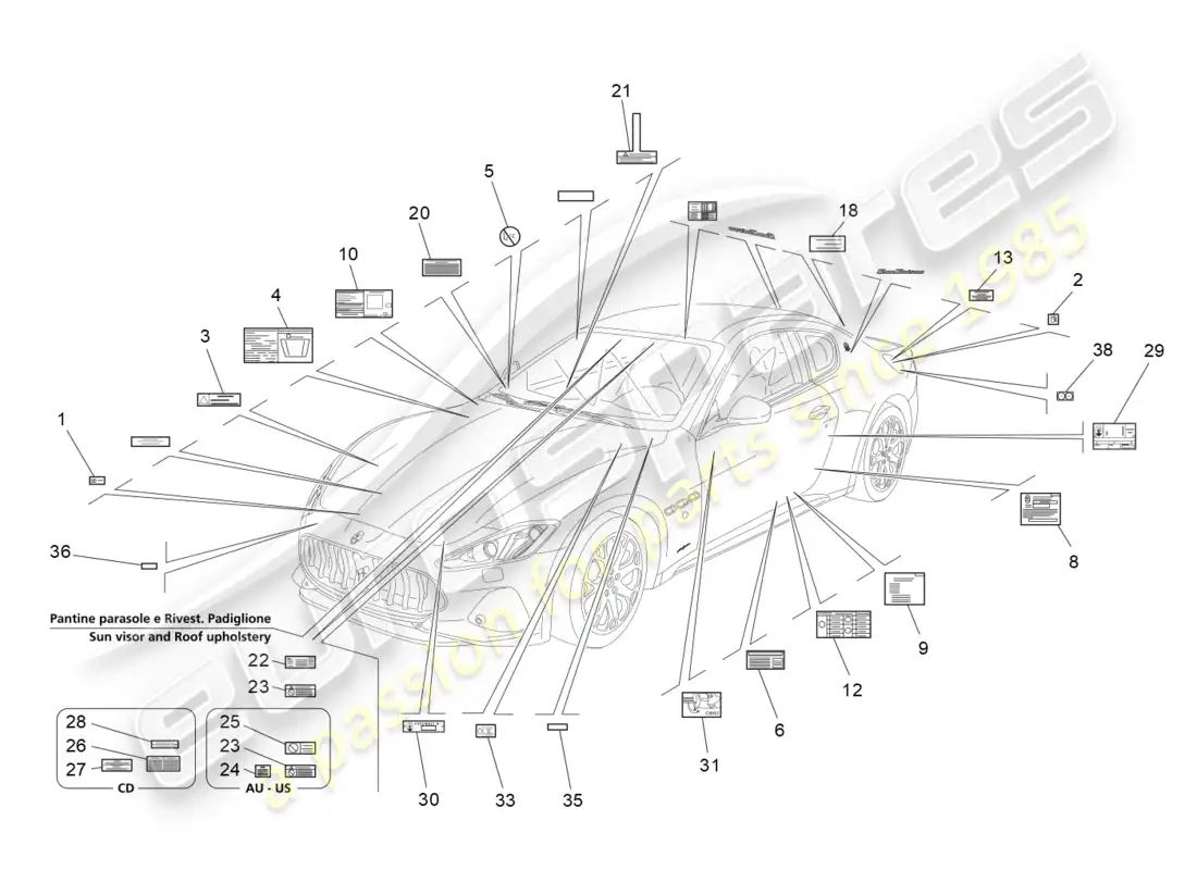 maserati granturismo s (2019) diagrama de piezas de pegatinas y etiquetas