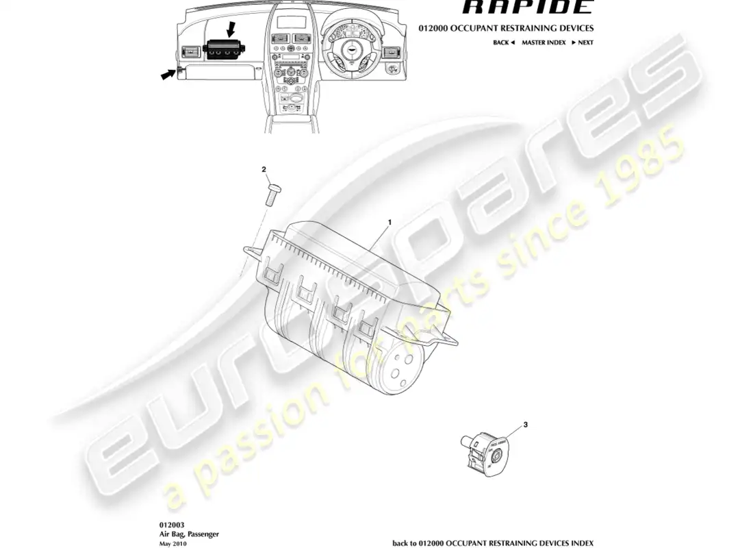 aston martin rapide (2016) airbag, pasajero diagrama de piezas