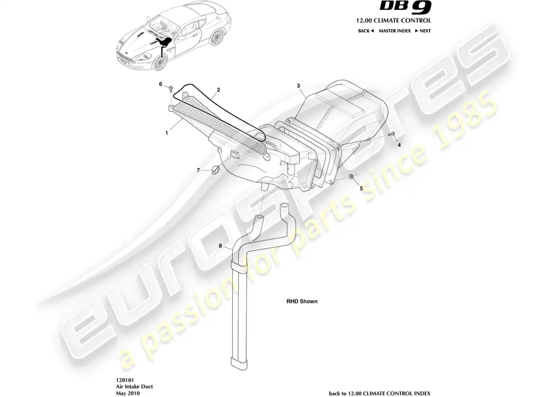 aston martin db9 (2012) conductos de entrada de aire diagrama de piezas