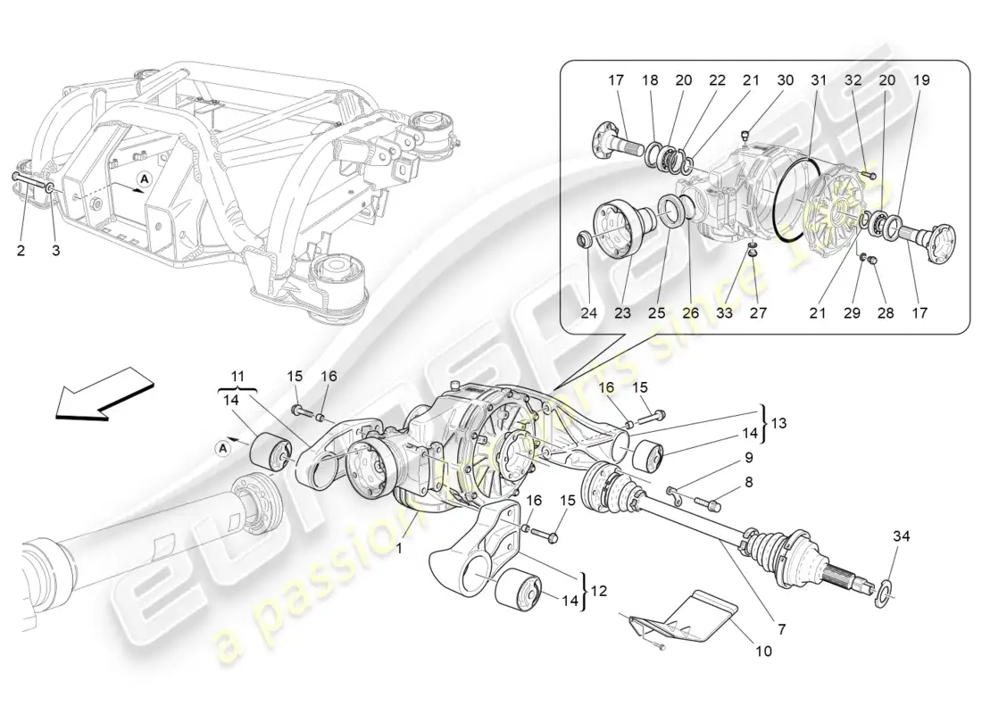 maserati granturismo (2014) ejes diferencial y eje trasero diagrama de piezas
