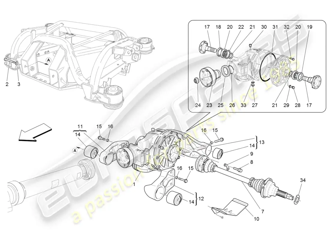maserati granturismo (2008) ejes diferencial y eje trasero diagrama de piezas