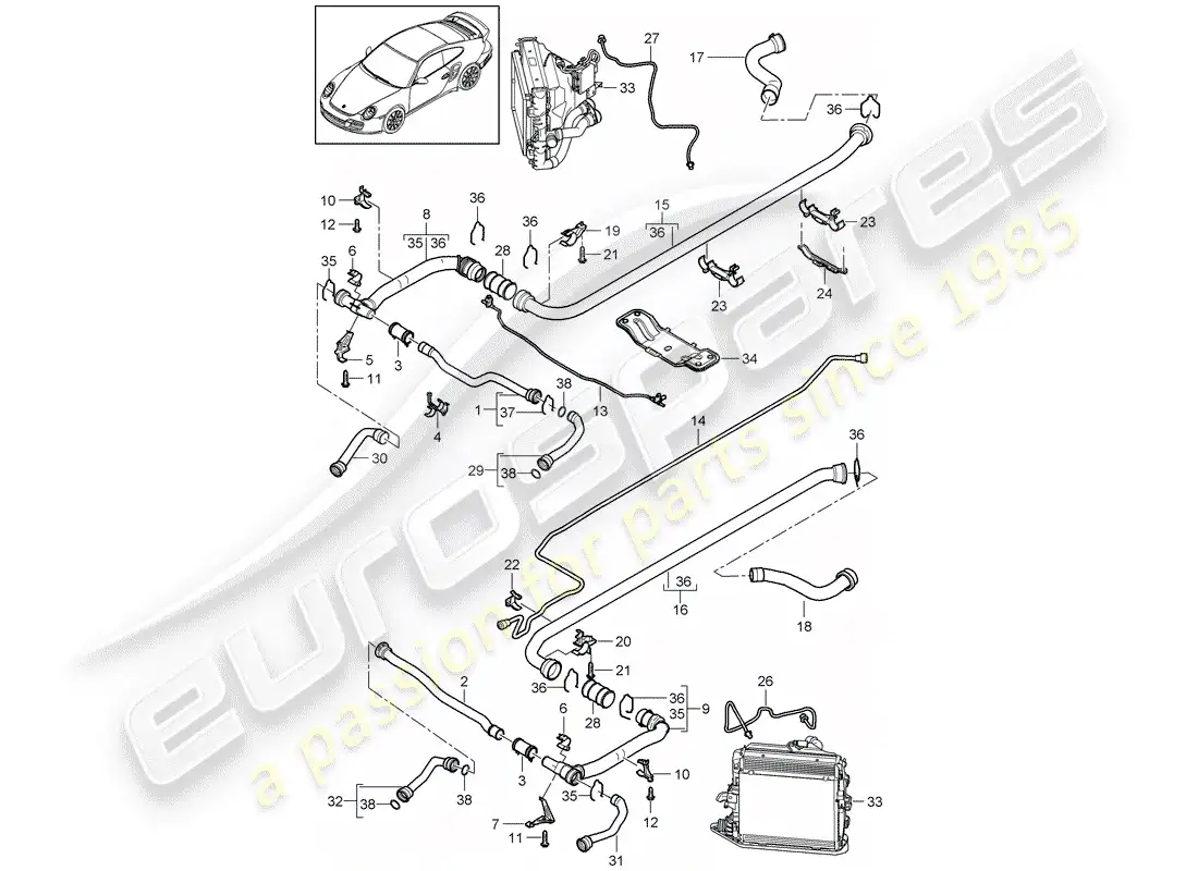 porsche 2011 (997-2 turbo / gt2 rs) refrigeración por agua 2 diagrama de piezas