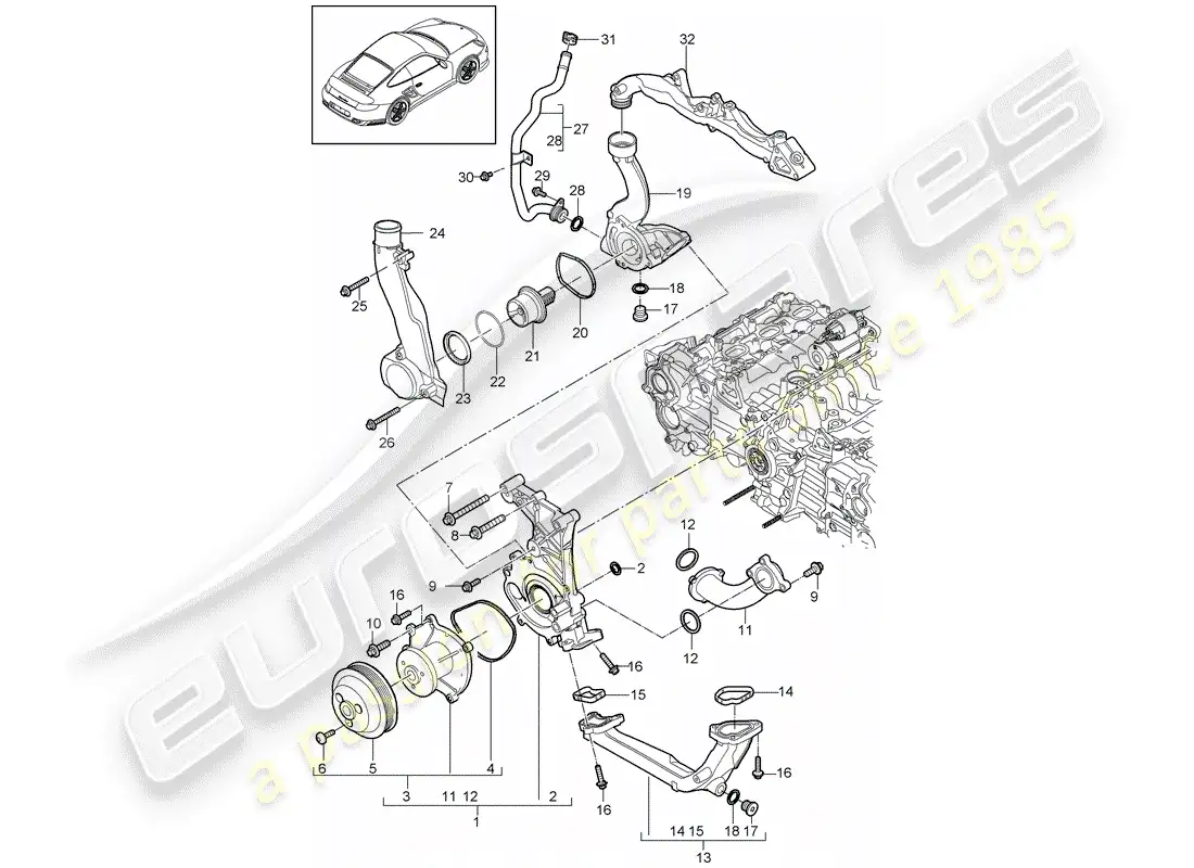 porsche 2011 (997-2 turbo / gt2 rs) diagrama de piezas de la bomba de agua