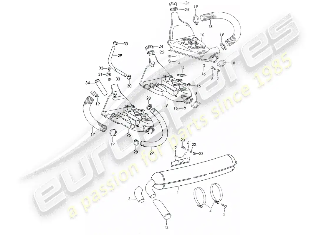 porsche 1972 (911) sistema de escape diagrama de piezas