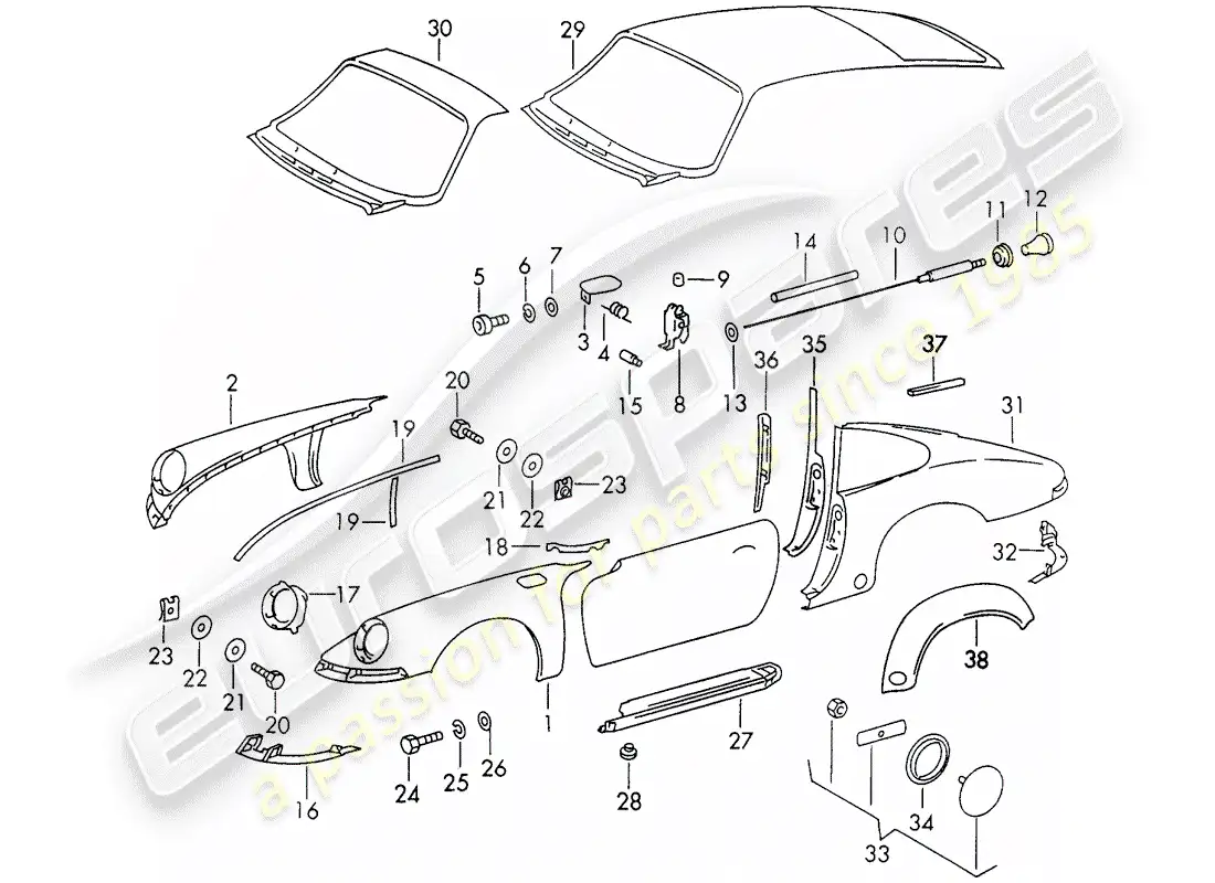 porsche 1970 (911) paneles exteriores diagrama de piezas