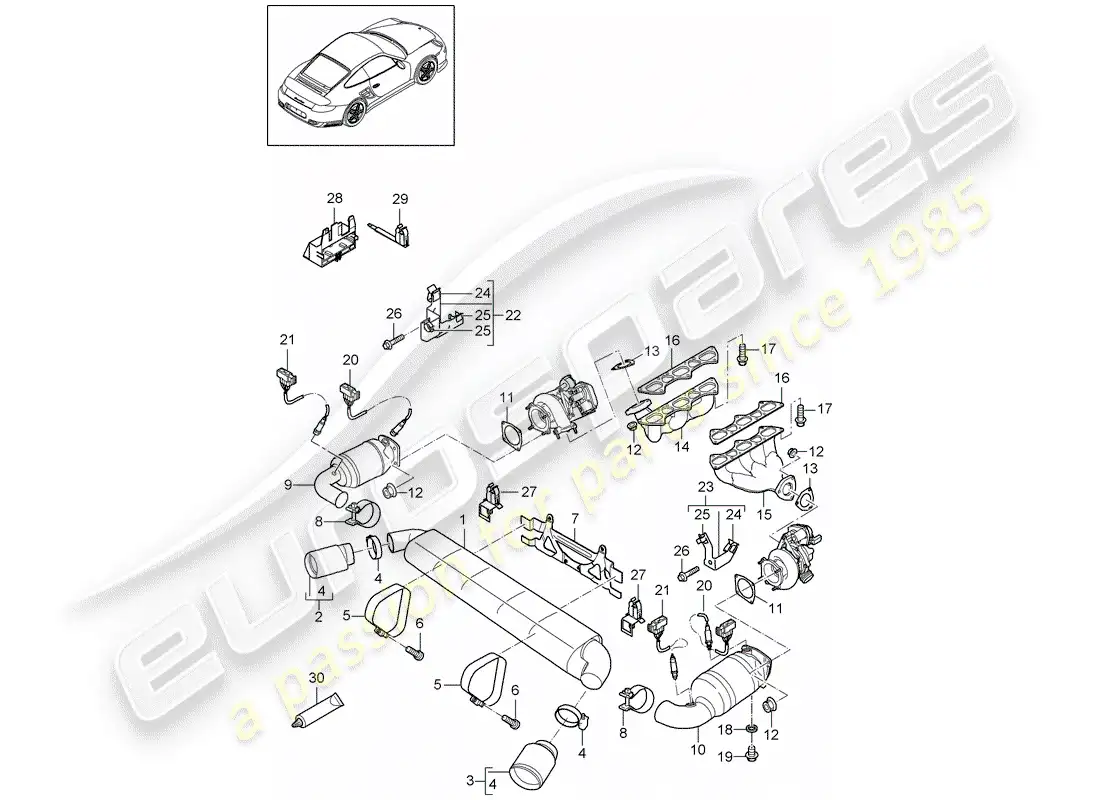 porsche 2011 (997-2 turbo / gt2 rs) sistema de escape diagrama de piezas