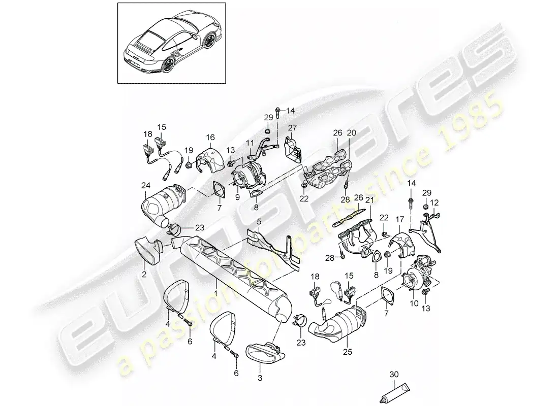 porsche 2011 (997-2 turbo / gt2 rs) sistema de escape diagrama de piezas