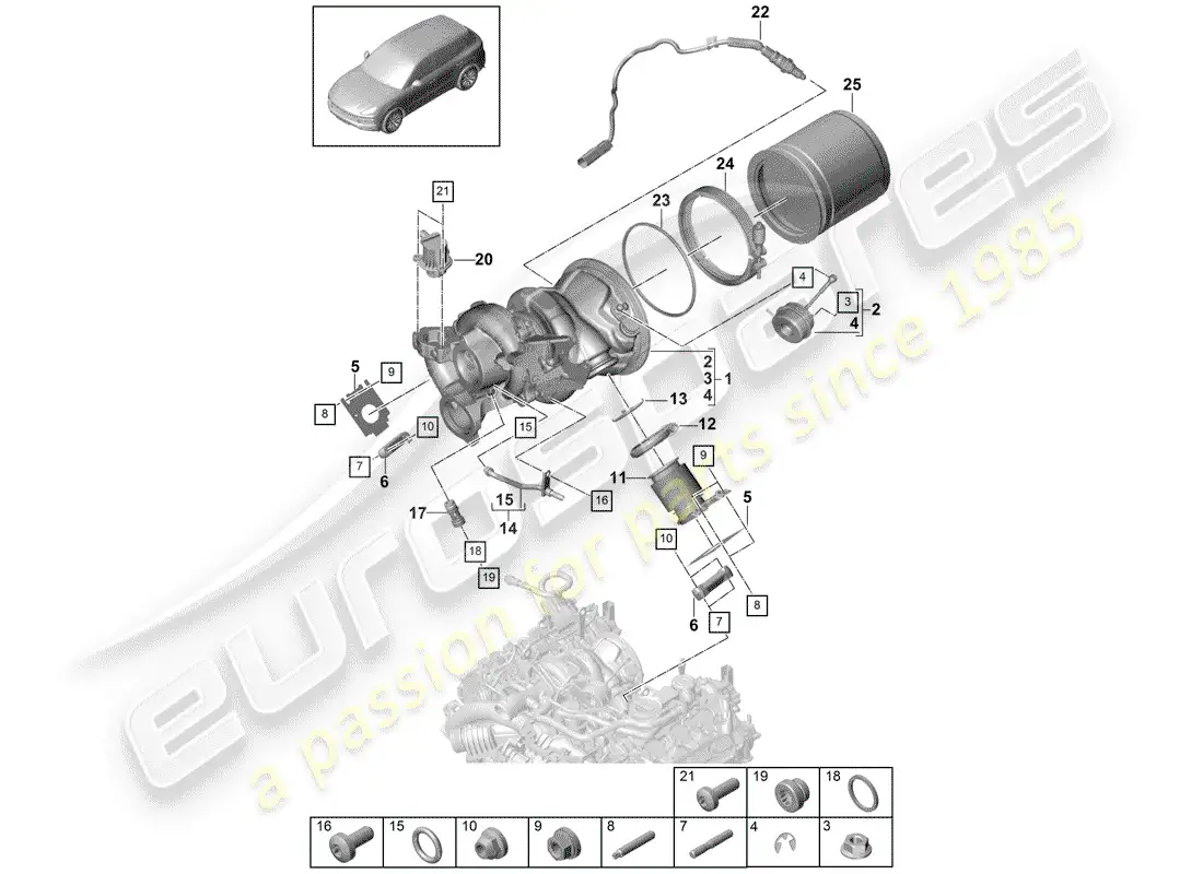 porsche 2019 (cayenne e3 9ya/9yb) turbocompresor de gases de escape diagrama de piezas