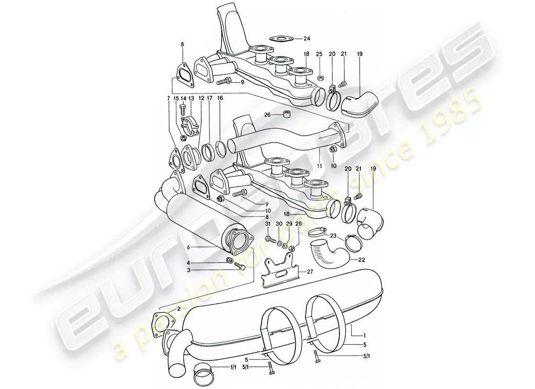 porsche 1976 (911) sistema de escape - d - mj 1975>> diagrama de piezas