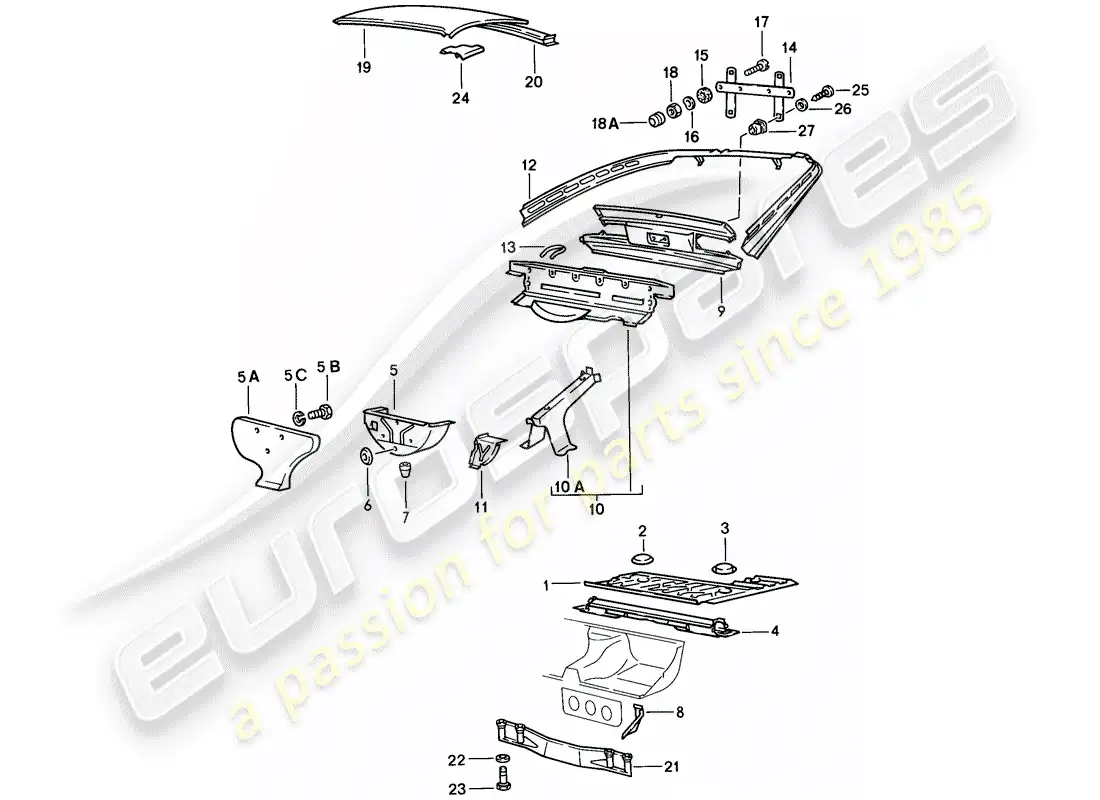 porsche 1978 (924) portador de transmisión - piso del maletero - techo diagrama de piezas