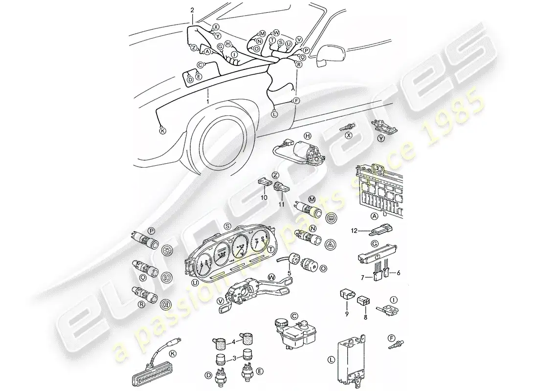 porsche 1990 (928) arnés - tablero diagrama de piezas