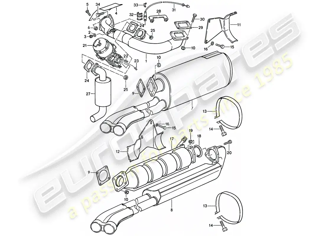 porsche 1987 (911) sistema de escape diagrama de piezas