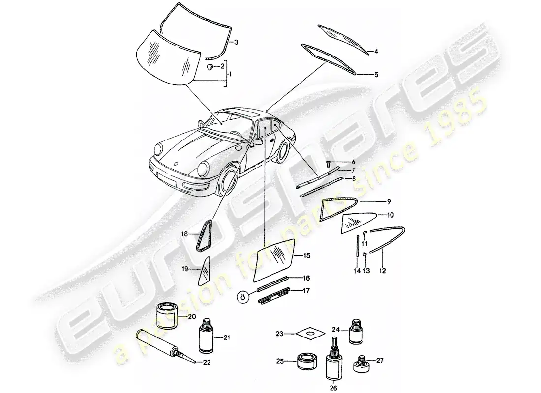 porsche 1989 (964) acristalamiento de ventanas diagrama de piezas