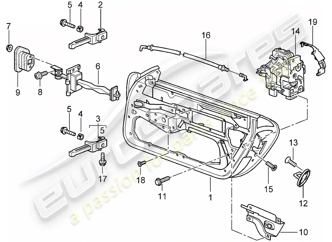 porsche 1998 (986 boxster) carcasa de la puerta - pestillo de la puerta diagrama de piezas