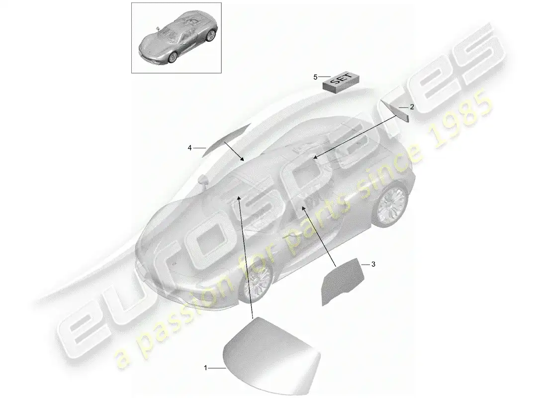 porsche 2015 (918 spyder) acristalamiento de ventanas diagrama de piezas