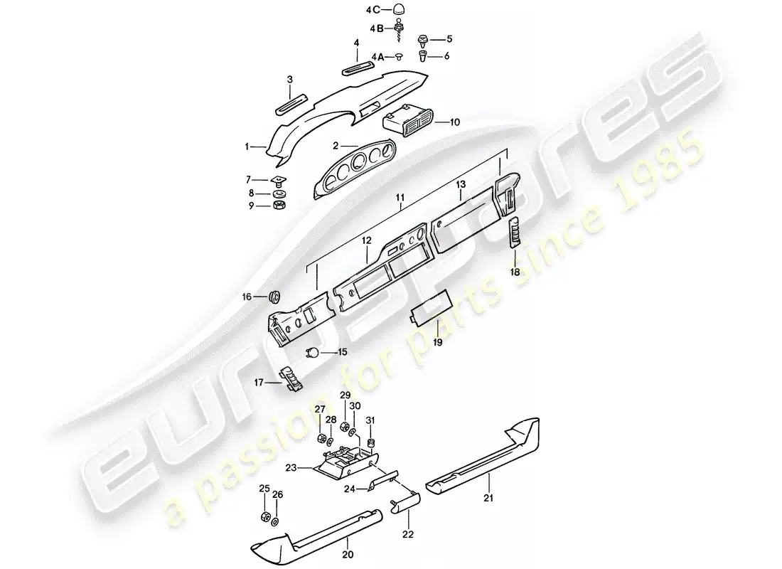 porsche 1986 (911) adorno del panel de tablero - con piezas de instalación - d >> - mj 1985 diagrama de piezas