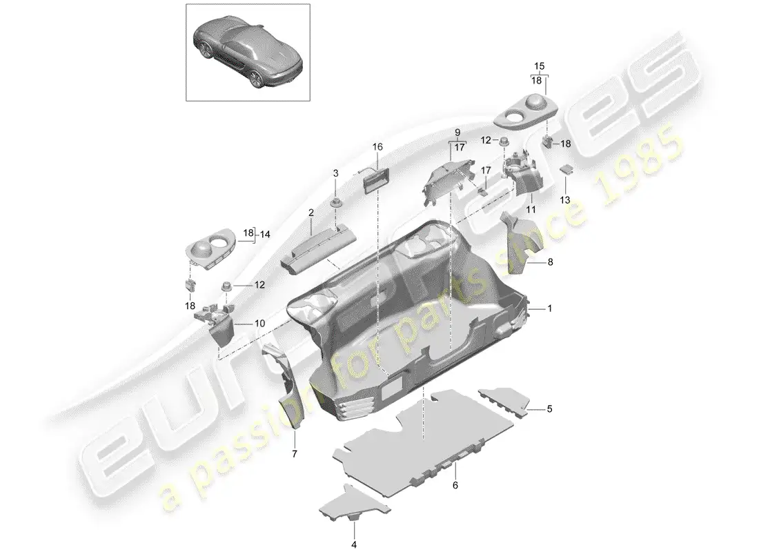 porsche 2013 (981 boxster) compartimiento de equipaje diagrama de piezas