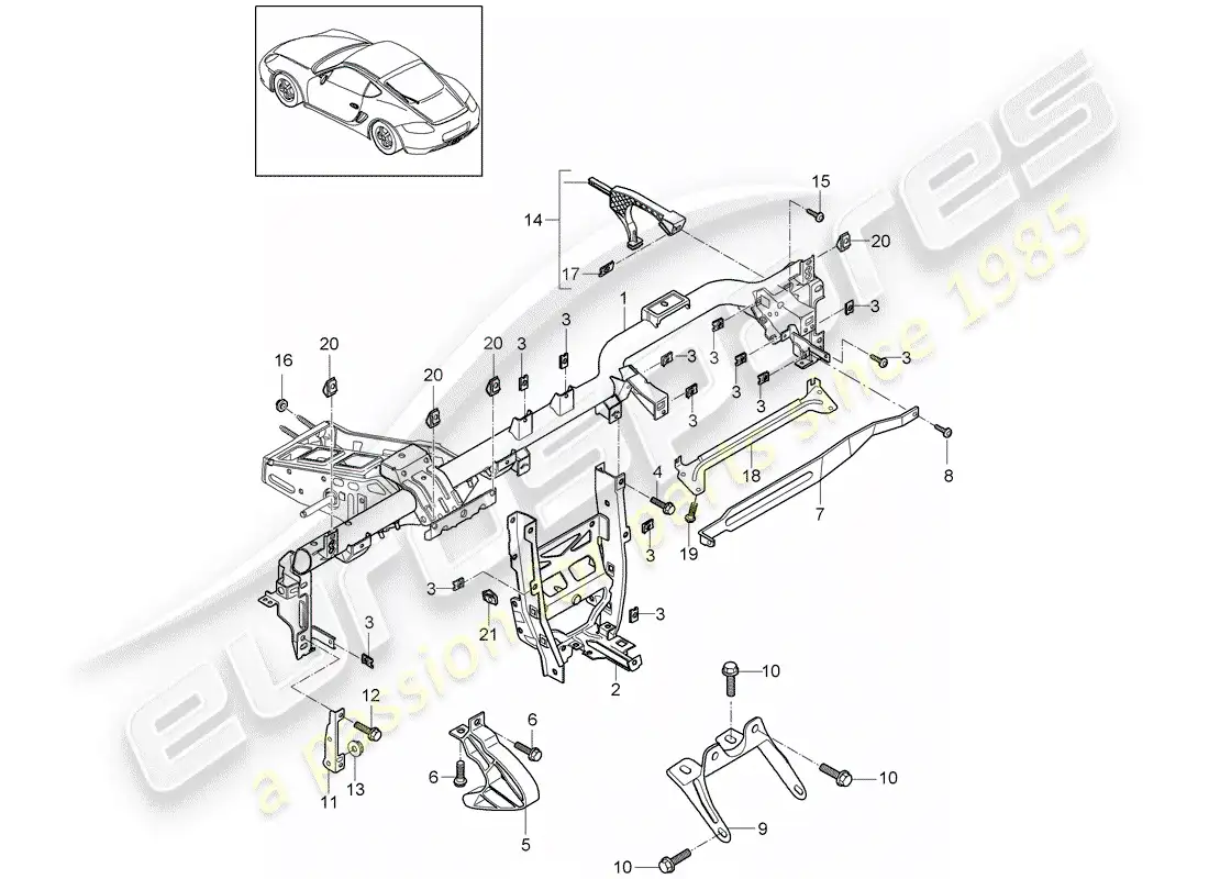 porsche 2009 (987 cayman) marco de retención diagrama de piezas