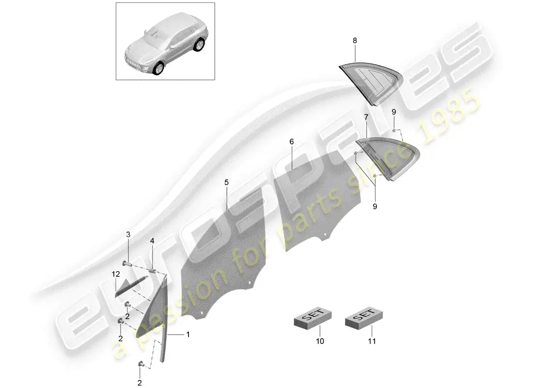 porsche 2016 (macan) ventana lateral diagrama de piezas