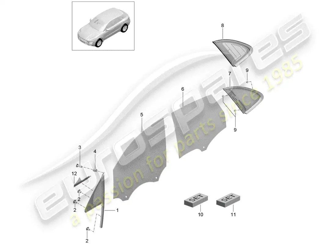 porsche 2016 (macan) ventana lateral diagrama de piezas