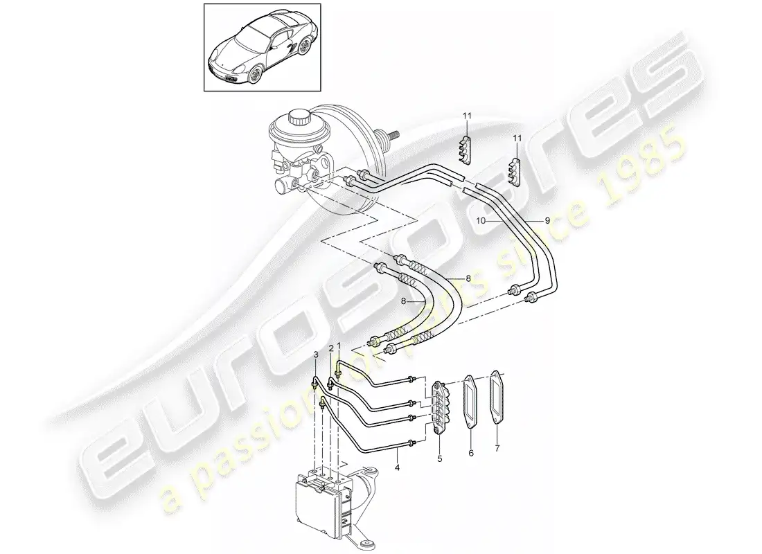 porsche 2011 (987 cayman) líneas de freno diagrama de piezas
