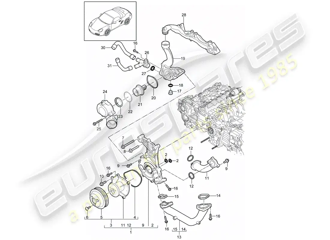 porsche 2009 (987 boxster) bomba de agua diagrama de piezas