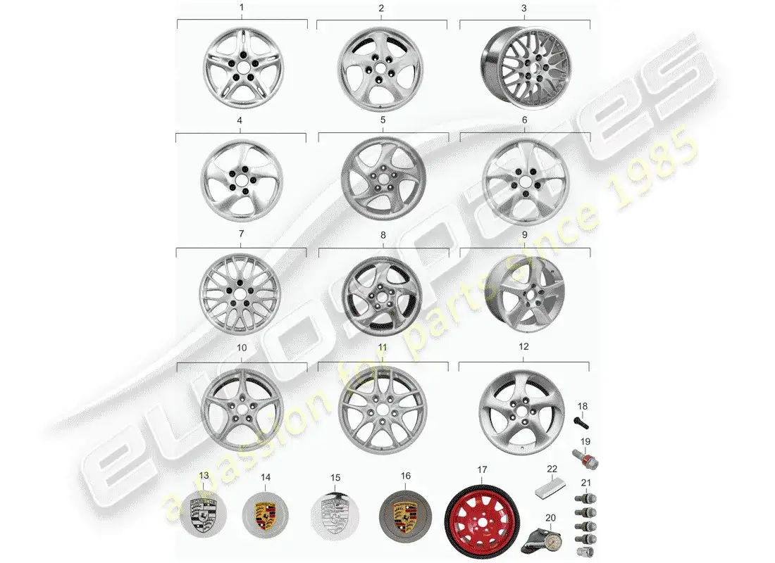 porsche 1999 (986 boxster) diagrama de piezas de la rueda de aleación