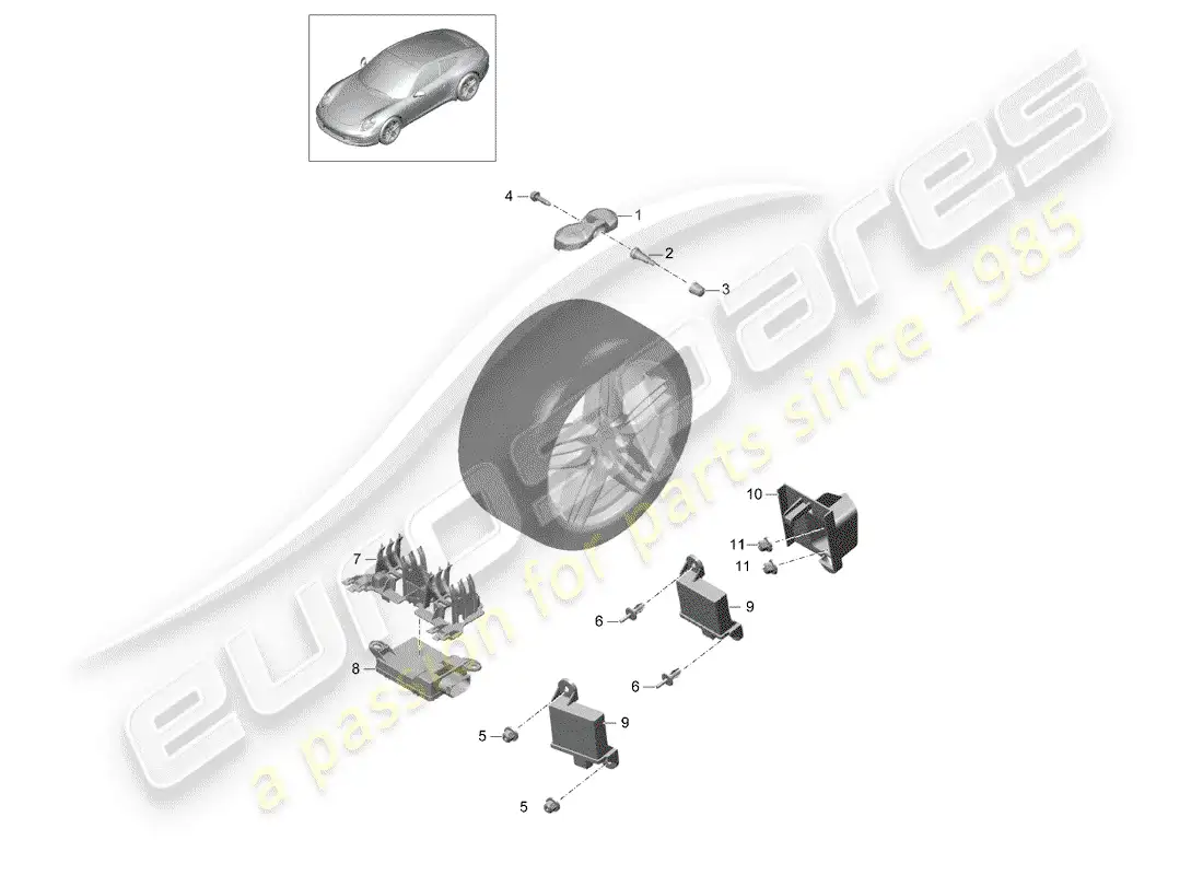 porsche 2013 (991-1) sistema de control de presión de neumáticos diagrama de piezas