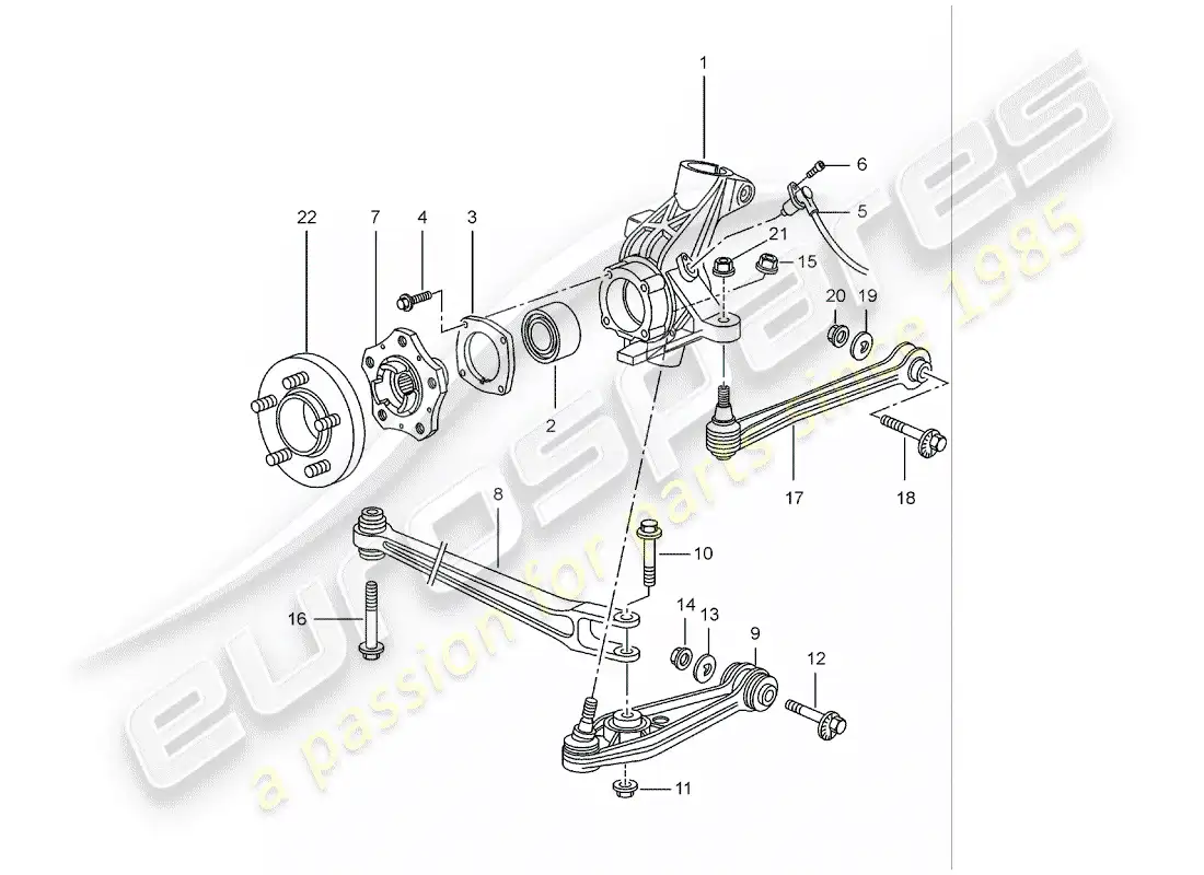 porsche 2001 (986 boxster) eje trasero - porta rueda - enlace superior - cubo de rueda diagrama de piezas