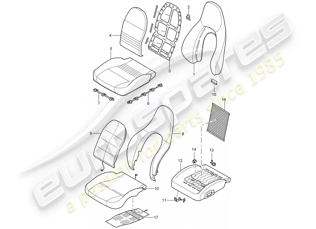 porsche 2001 (986 boxster) fundas de asiento - fundas de respaldo - pieza de espuma - asiento estándar - asiento confort diagrama de piezas