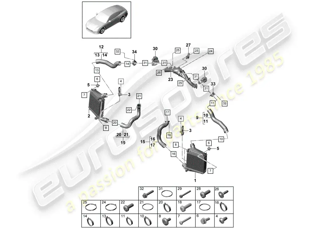 porsche 2019 (panamera 971-1) enfriador de aire de carga diagrama de piezas