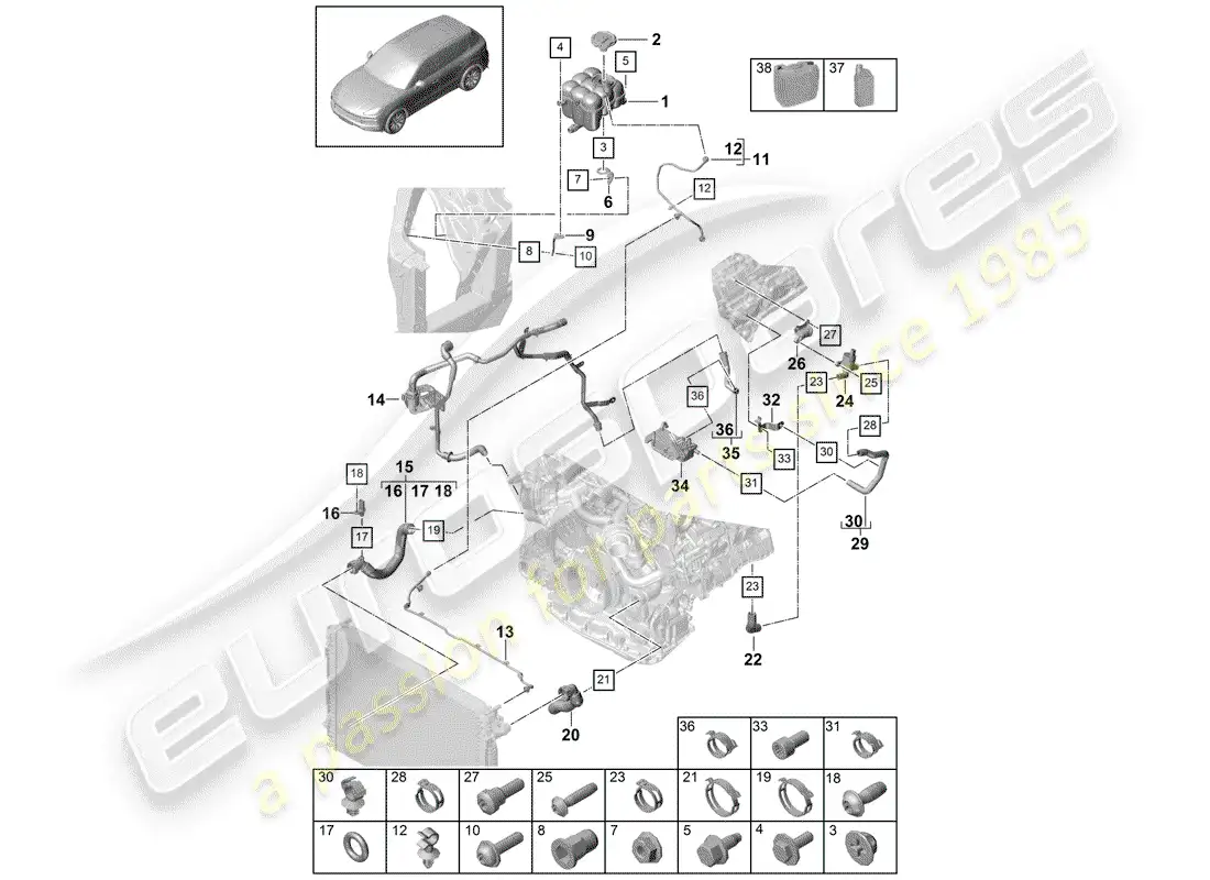 porsche 2019 (cayenne e3 9ya/9yb) water cooling diagrama de piezas