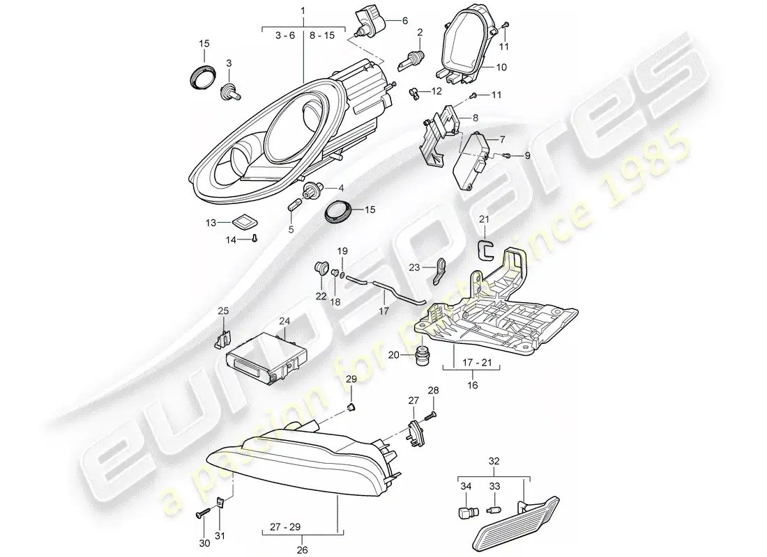 porsche 2012 (987 boxster) lámpara de cabeza diagrama de piezas