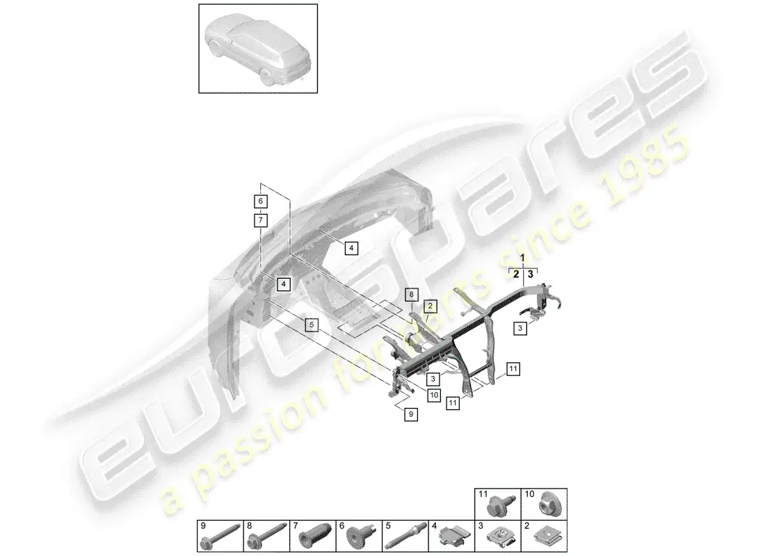 porsche 2020 (cayenne e3 9ya/9yb) marco de retención diagrama de piezas