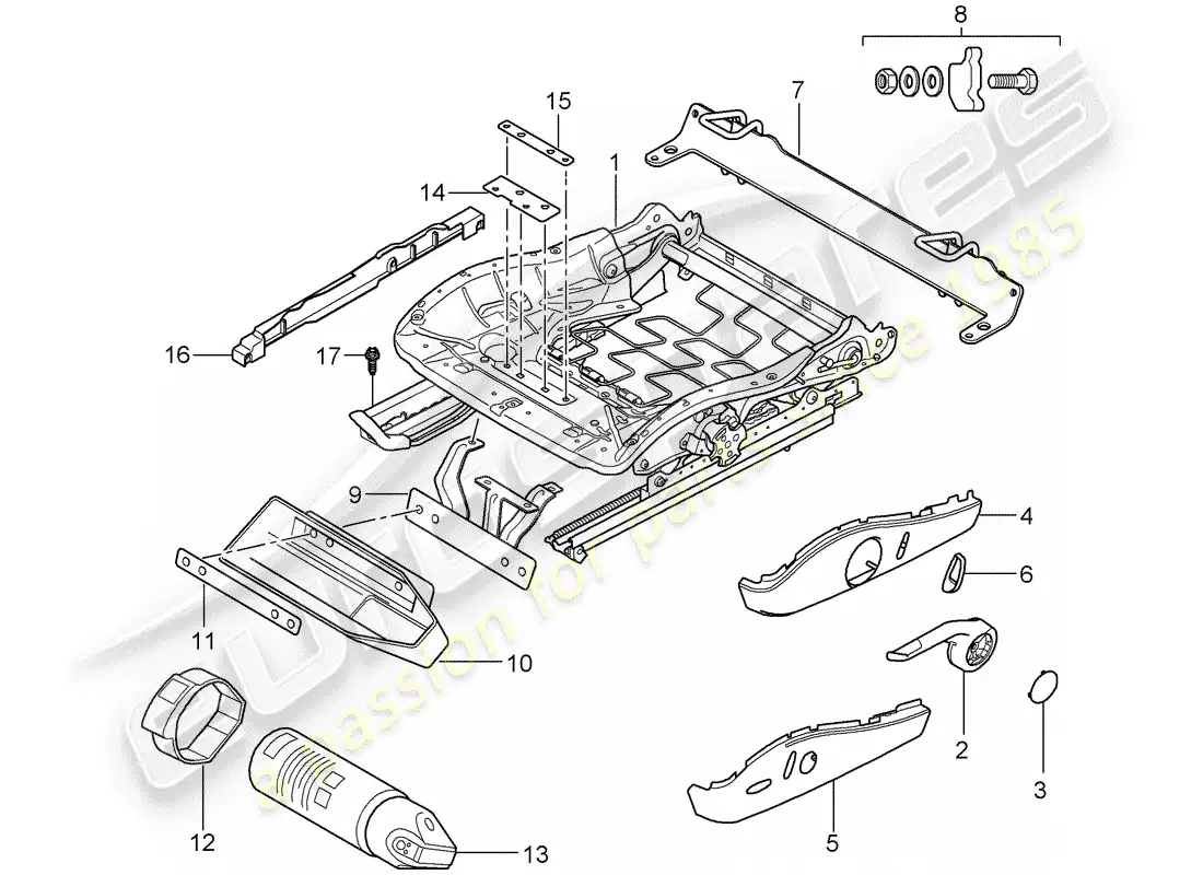 porsche 2007 (987 cayman) estructura del asiento diagrama de piezas