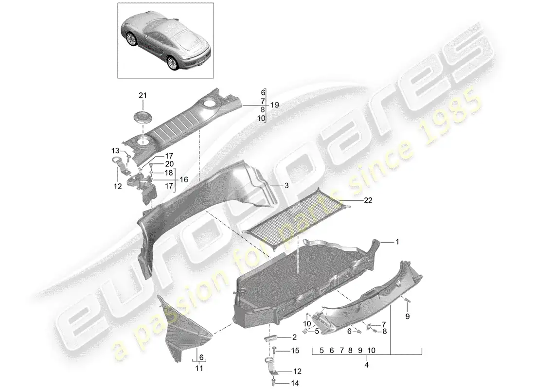 porsche 2014 (981 cayman) compartimiento de equipaje diagrama de piezas