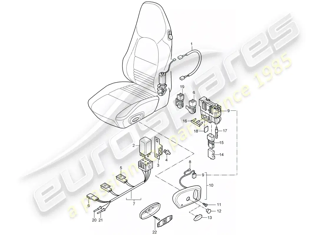 porsche 2000 (986 boxster) mazos de cables - interruptor - asiento estándar - asiento deportivo diagrama de piezas