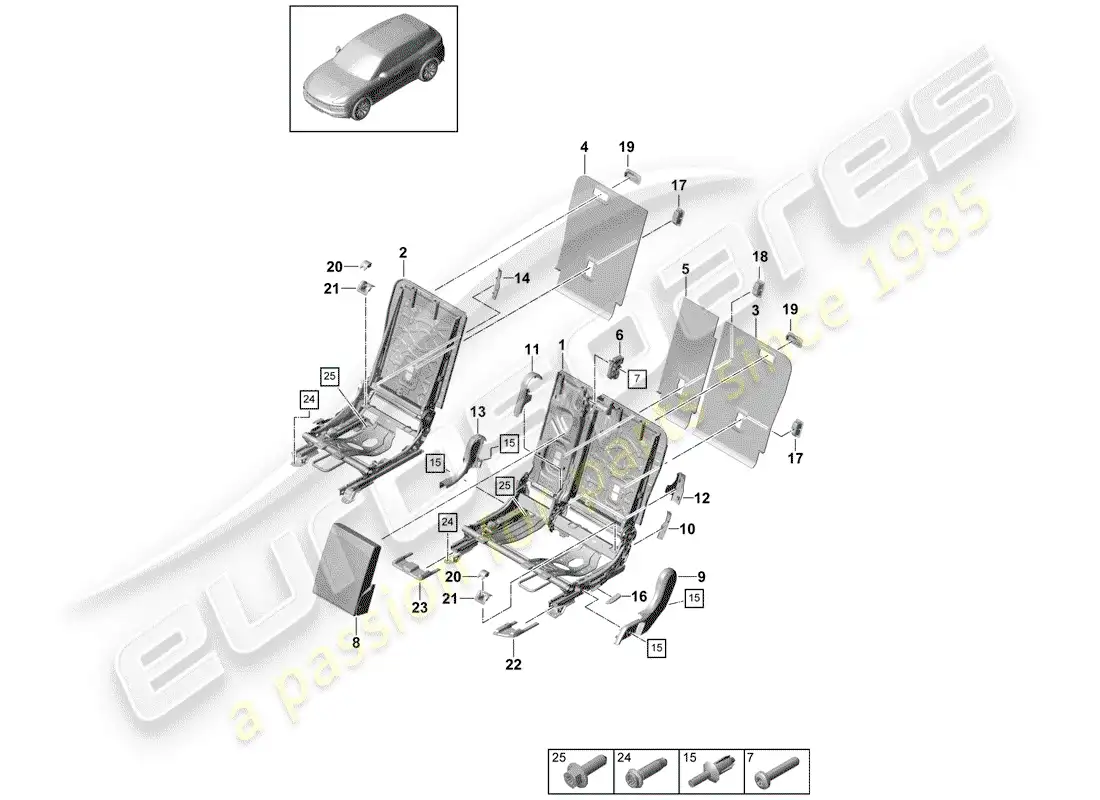 porsche 2018 (cayenne e3 9ya/9yb) respaldo del asiento trasero diagrama de piezas