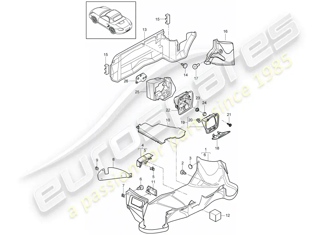 porsche 2012 (987 boxster) compartimiento de equipaje diagrama de piezas