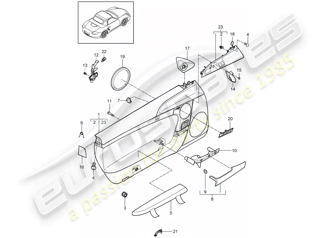 porsche 2012 (987 boxster) panel de la puerta diagrama de piezas