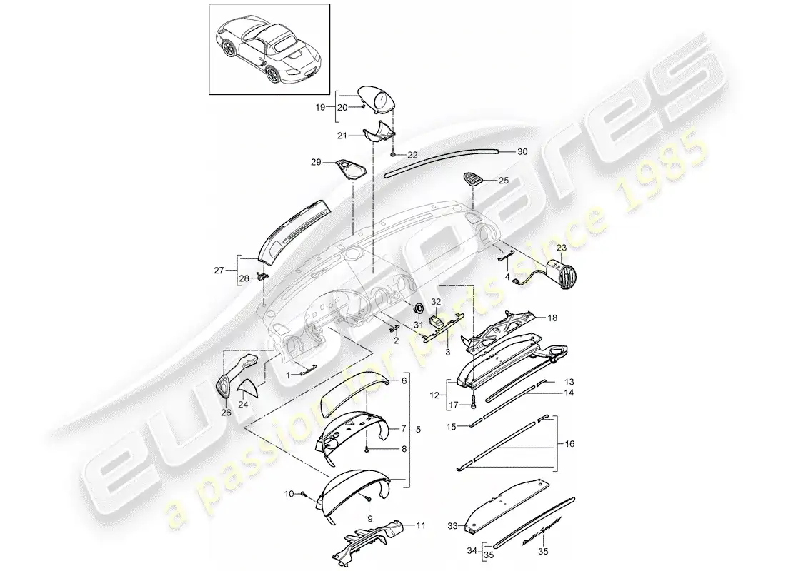 porsche 2010 (987 boxster) moldura del panel de instrumentos diagrama de piezas