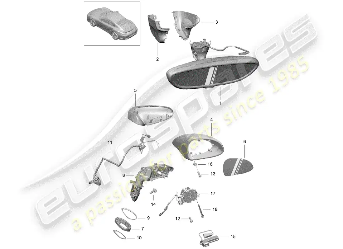 porsche 2016 (991-1 turbo) espejo retrovisor interior diagrama de piezas