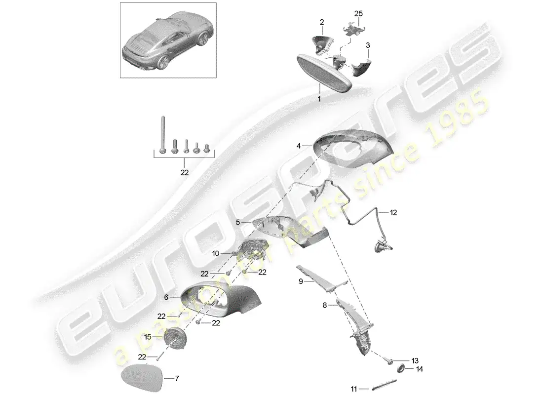 porsche 2016 (991-1 turbo) espejo retrovisor interior diagrama de piezas