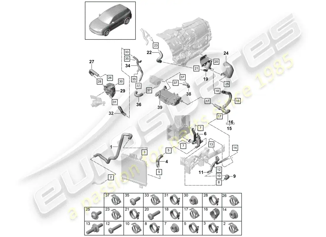 porsche 2020 (cayenne e3 9ya/9yb) water cooling diagrama de piezas