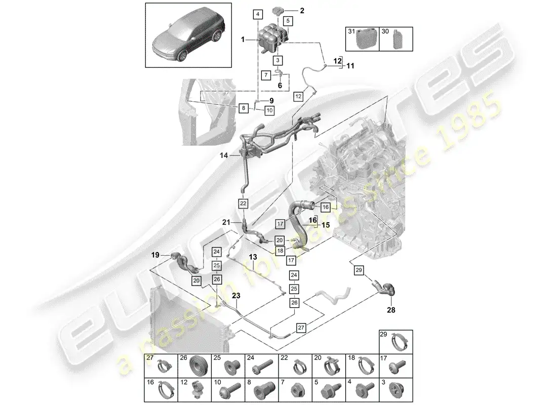 porsche 2018 (cayenne e3 9ya/9yb) water cooling diagrama de piezas