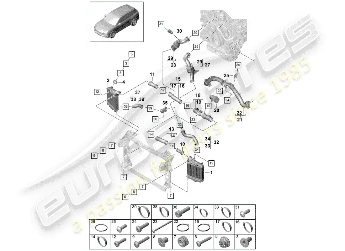 porsche 2020 (cayenne e3 9ya/9yb) enfriador de aire de carga diagrama de piezas