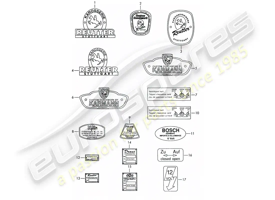 porsche 1952 (356/356a) emblema - pegatina diagrama de piezas