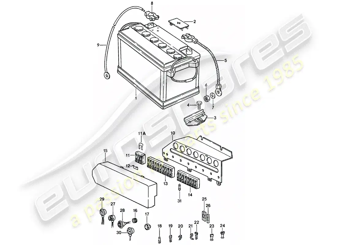 porsche 1981 (911) batería - caja de fusibles diagrama de piezas