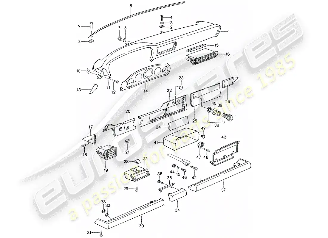 porsche 1997 (993) salpicadero - embellecedor de rodilleras - para coches sin - airbag - (lado del pasajero) diagrama de piezas